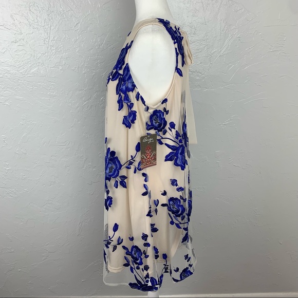 NWT Beige by Eci blue embroidered Floral A-line flowy tulle dress L - Picture 4 of 11